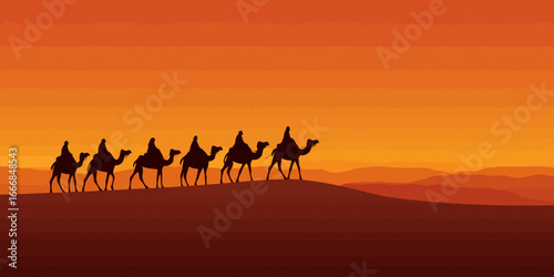 A silhouetted caravan of six camels and robed riders walking in a single file line.