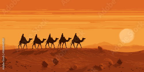 Pixelated silhouette of a camel caravan with five riders trekking in a single file line.