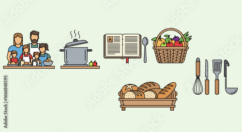 Illustration of a family cooking together with various kitchen items and food ingredients around them
