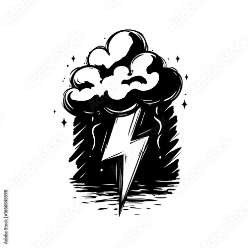 Dramatic weather illustration featuring a bright lightning strike with stormy cloud and stylized