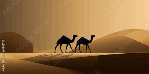 Two black camel silhouettes, a one-humped dromedary and a two-humped Bactrian, walking in profile.