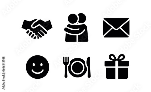 vector solid black filled icons forgiveness (daily life): handshake hug letter smile shared meal gift.