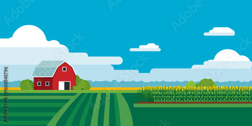 Vibrant flat design illustration of a rural farm landscape with a red barn, green fields, and a cornfield under a blue sky.