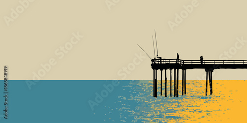 Stylized black silhouette of a fishing pier with people and rods over calm, colorful, two-toned water.