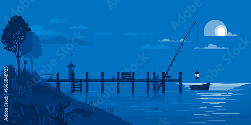 Monochromatic blue silhouette of a tranquil fishing pier at night with a rod, lantern, and boat on a calm lake under the moon.