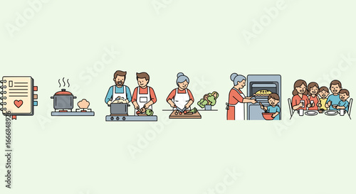 Illustration showing a family preparing a meal together from cooking to setting the table for dinner