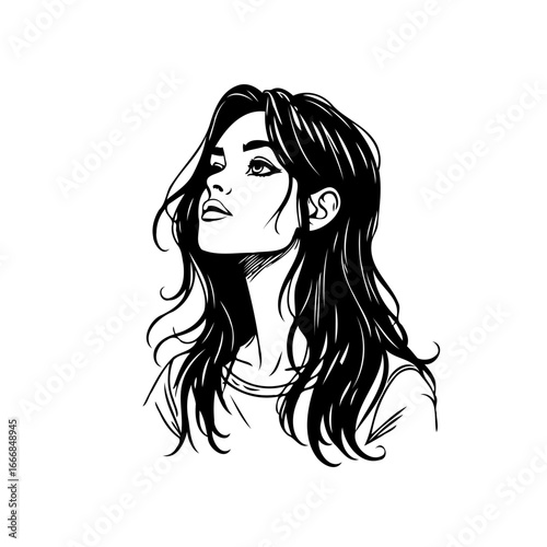 Elegance captured in monochrome illustration: a woman's gaze evoking introspection and serene