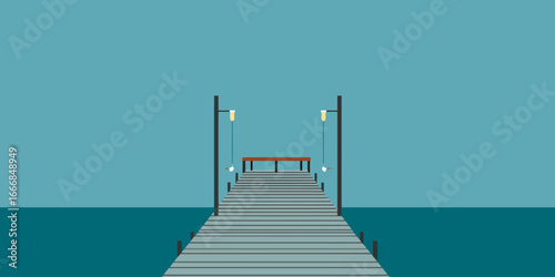 Flat vector illustration of a serene wooden pier with a brown bench and two black lampposts.