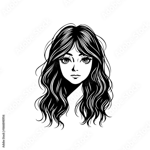Elegance in monochromatic art drawing capturing a young woman's face with flowing hair and gentle