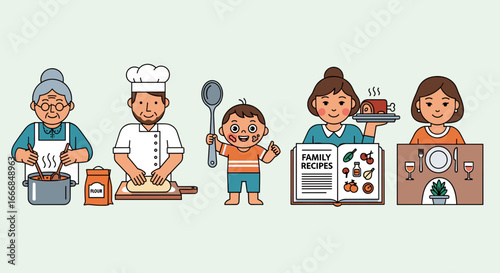 Family members preparing and serving a meal together with recipes and table setting shown clearly