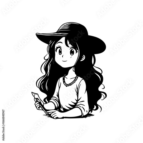 Elegant anime girl with hat holding stationery drawing artwork of a smiling woman sketch
