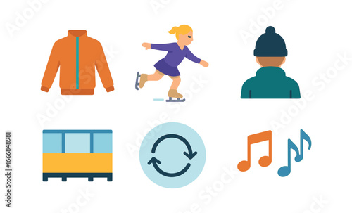 vector colorful flat filled icons ice dancing (practice): warm up jacket focused skater coach watching rink boards repeated steps music notes.