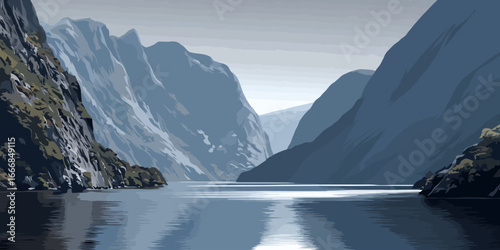 Stylized illustration of a majestic fjord with steep, rocky cliffs and calm, reflective water under an overcast sky.