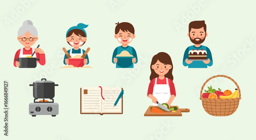 Illustration showing diverse people cooking and preparing food with various kitchen tools and ingredients