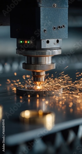 Close-up of laser cutting machine in action.  Sparks fly from metal plate.  Precision machinery