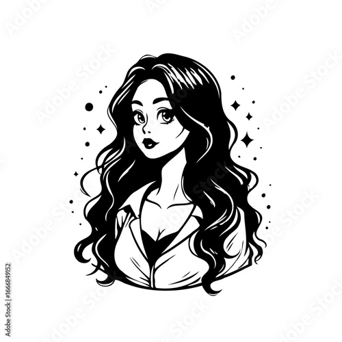 Elegant brunette graphic illustration captivating woman with flowing hair rendered in monochrome