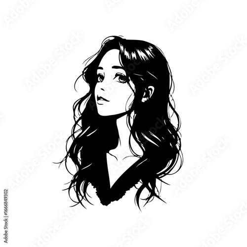 Elegant depiction of a young woman with wavy hair artful illustration black and white style for
