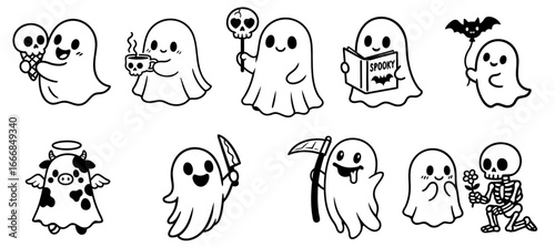 Set of ghosts for Halloween. ghost with skull ice cream, skull cup, skull lollipop, spooky book, bat balloon, angel cow costume, knife, scythe, skeleton holding flower