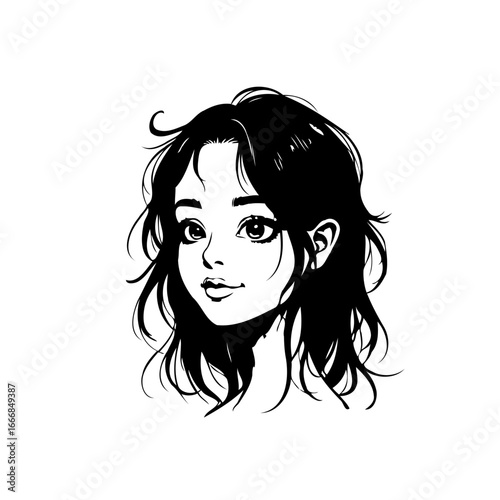 Elegant girl head black and white illustration creating a dreamy youthful appearance with delicate