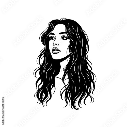 Elegant female portrait showcasing flowing dark tresses in a minimalist black and white