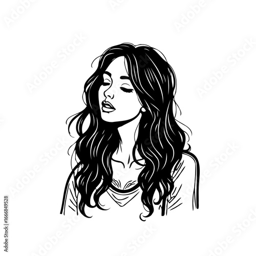 Elegant minimalistic portrait of a serene woman with flowing hair showcases beauty and peaceful