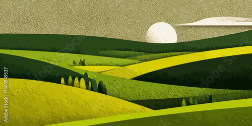 Stylized rural landscape of rolling green and yellow hills with a textured sky and large sun.