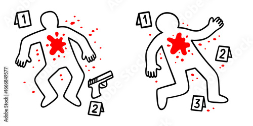 Crime scene outline with body silhouette, blood splatter and gun evidence markers, forensic investigation