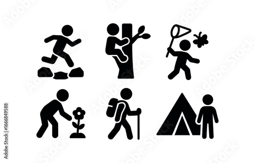 vector solid black filled icons preadolescence (nature play): stream hopping climbing tree catching insects flower picking hiking camping.