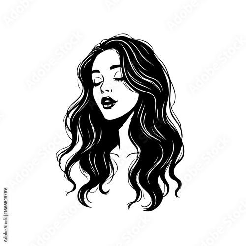 Elegant monochrome drawing depicting a long haired woman lost in thought or serene reverie
