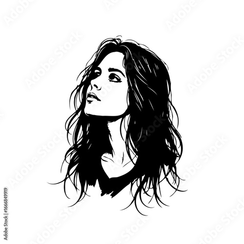 Elegant monochrome illustration portraying a thoughtful woman with flowing hair contemplating the