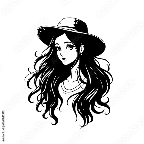Elegant monochrome illustration of a young woman with flowing hair wearing a stylish hat creating