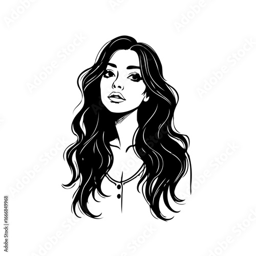 Elegant monochrome portrait displaying a woman with flowing dark hair in simplistic design artistry