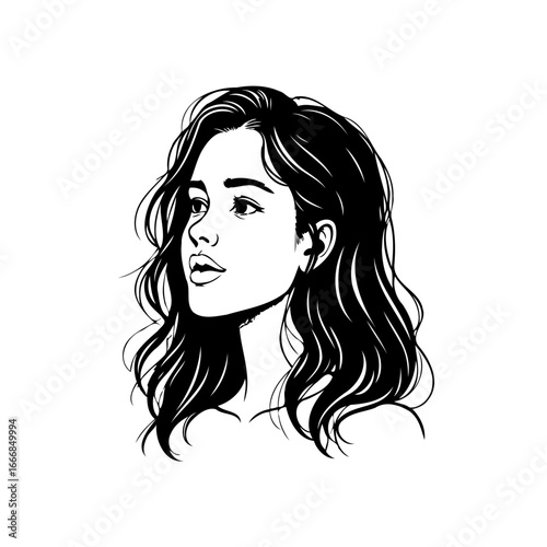 Elegant monochrome portrait drawing showcasing a woman's contemplative gaze and flowing hair with