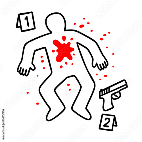 Crime scene outline of murdered victim with blood splatter and handgun evidence, forensic investigation, violence, homicide, murder mystery and criminal case under police investigation