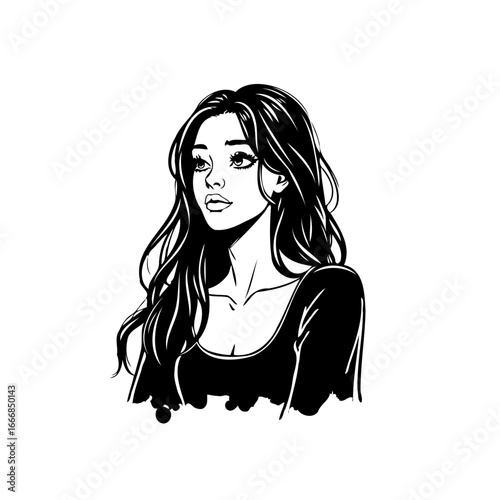 Elegant monochrome portrait of a young woman with flowing hair creating a minimalist beauty