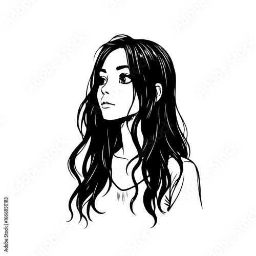 Elegant monochrome portrait showcasing the beauty of a young woman with flowing dark hair and