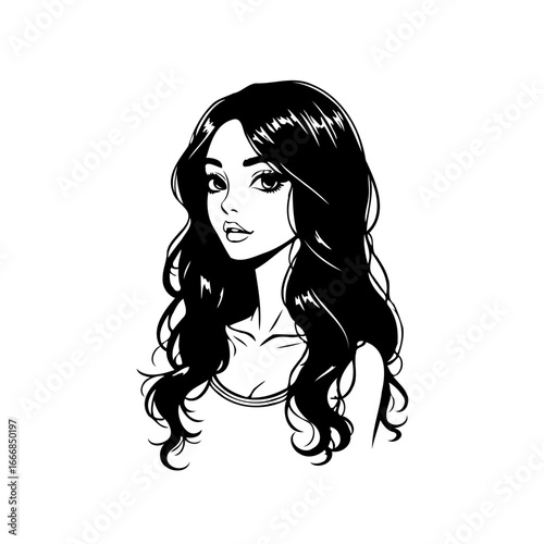 Elegant monochrome portrayal of a woman with wavy hair and expressive eyes showcasing minimalist