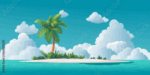 Stylized cartoon illustration of a deserted tropical island with a single palm tree and lush green foliage.