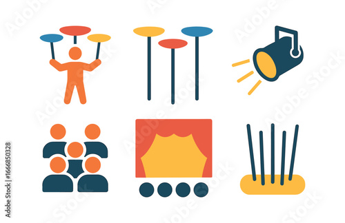 vector colorful flat filled icons plate spinning (stage): performer colorful plates sticks spotlight audience bright backdrop.