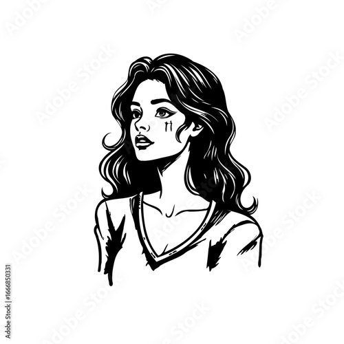 Elegant portrait of a young woman with flowing hair in a black and white illustration style art