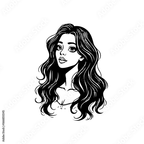 Elegant portrait showcasing the wavy dark hair beauty of a graceful woman illustration design with