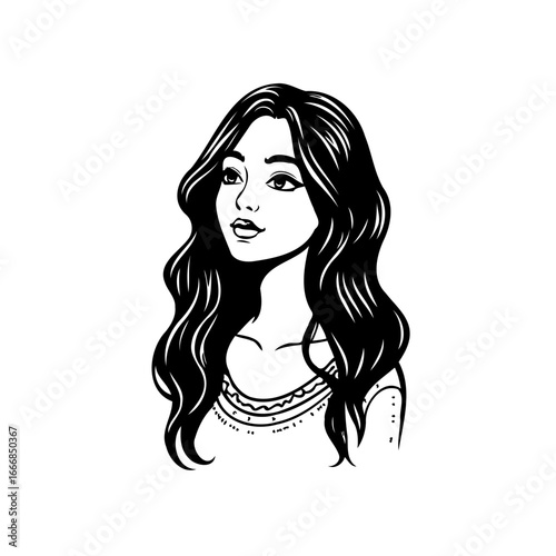 Elegant portrayal of a woman with flowing hair evokes serene beauty and artistic expression