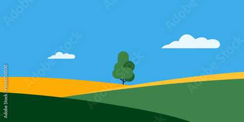 Minimalist rural landscape illustration with a solitary tree on colorful rolling hills under a blue sky.