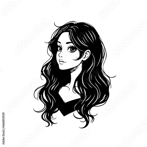 Elegant woman illustration with flowing black hair and detailed eyes showcasing beauty and grace