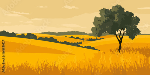 Vector illustration of a solitary green tree standing in a vast, rolling golden field.