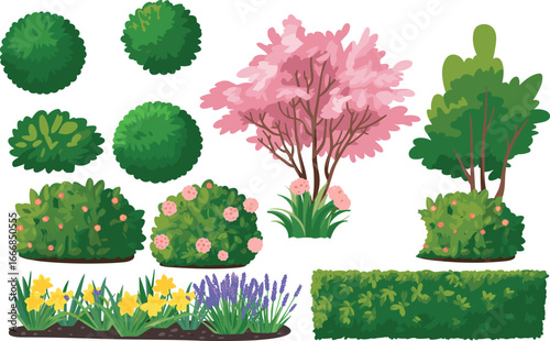 Garden shrubs and trees vector, pink blossom tree, floral bushes, spring flowers, landscape elements, 