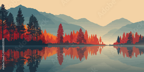 Vibrant red and orange forest reflected in a tranquil lake with distant blue mountains at sunset.