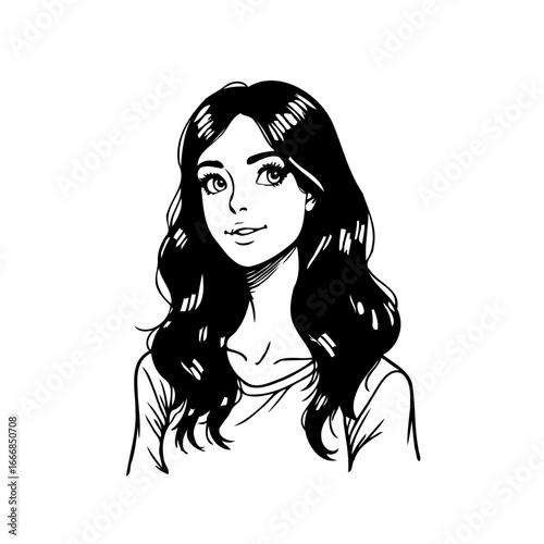 Elegant woman with flowing hair a stylized vector portrait expressing serene sophistication using