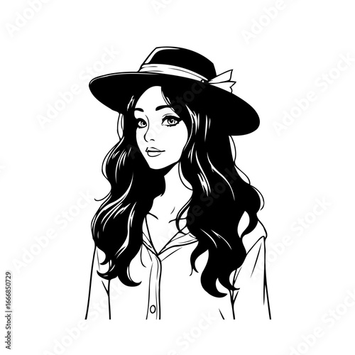 Elegant young woman illustration with fashionable hat and flowing hair in monochrome style