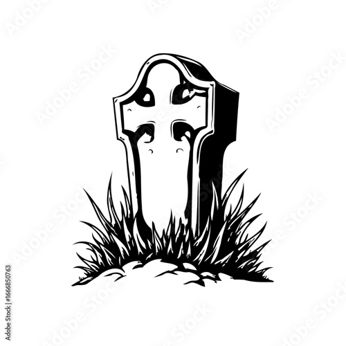 Elegiac monochrome illustration portraying an aged headstone with a symbolic cross amid wild